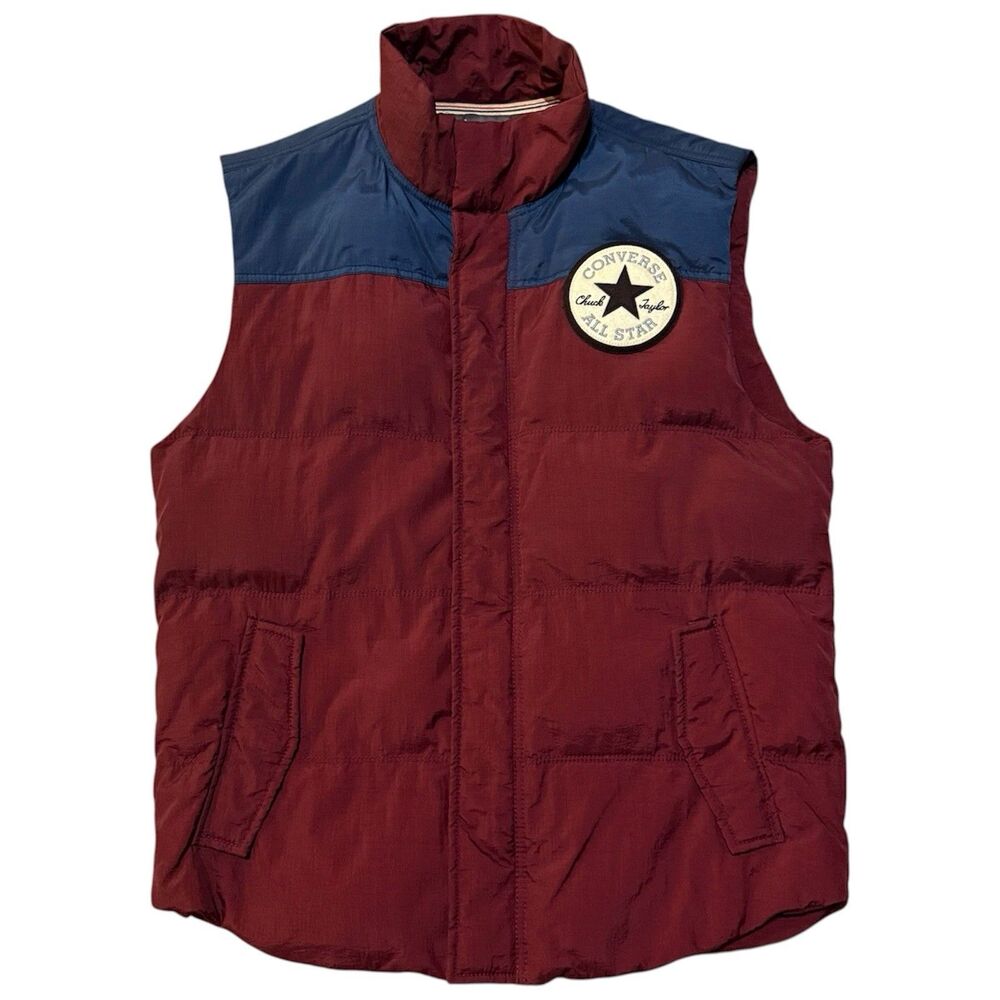 Vintage Converse Puffer Down Vest Men’s L Maroon Navy All Star Patch 90s Style